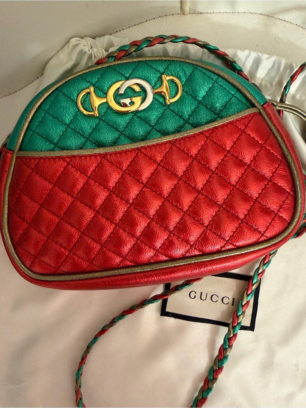 Gucci Red and Green Quilted Metallic Leather Crossbody Bag